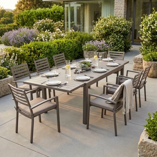 DEXTER - set tavolo in alluminio cm 200/300 x 100 x 74 h con 8 poltrone Dexter