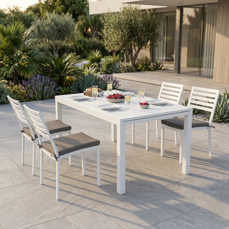 DEXTER - set tavolo in alluminio cm 160/240 x 90 x 75 h con 4 sedie Dexter