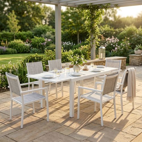 DEXTER - set tavolo in alluminio cm 160/240 x 90 x 75 h con 6 poltrone Venus