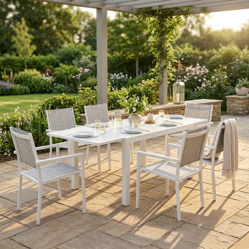 DEXTER - set tavolo in alluminio cm 160/240 x 90 x 75 h con 6 poltrone Venus