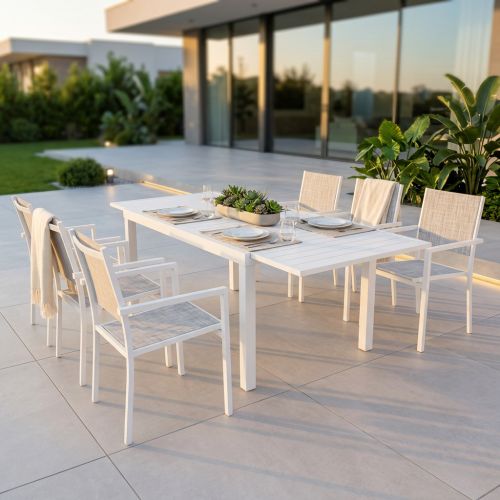 DEXTER - set tavolo in alluminio cm 160/240 x 90 x 75 h con 6 poltrone Venus