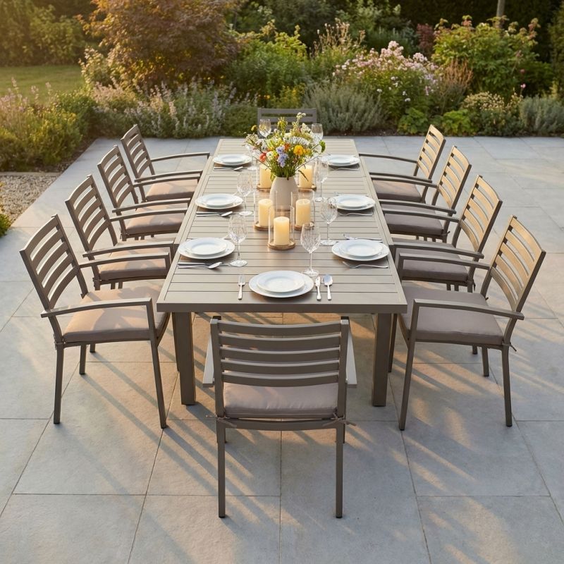 DEXTER - set tavolo in alluminio cm 200/300 x 100 x 74 h con 10 poltrone Dexter