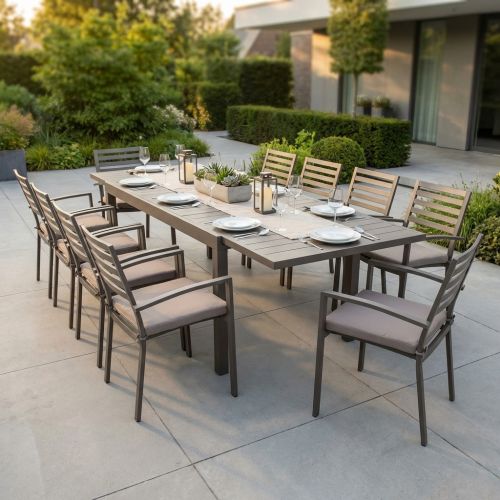 DEXTER - set tavolo in alluminio cm 200/300 x 100 x 74 h con 10 poltrone Dexter