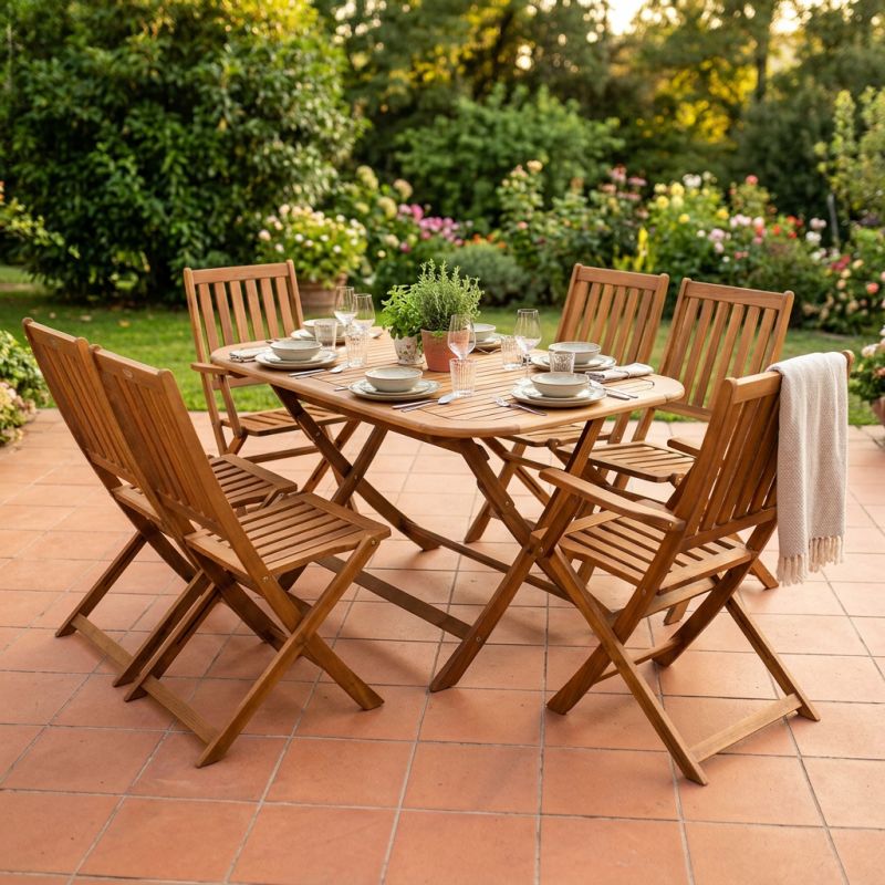 SOLEA - set tavolo in alluminio e teak cm 150 x 80 x 74 h con 4 sedie e 2 poltrone Dresda