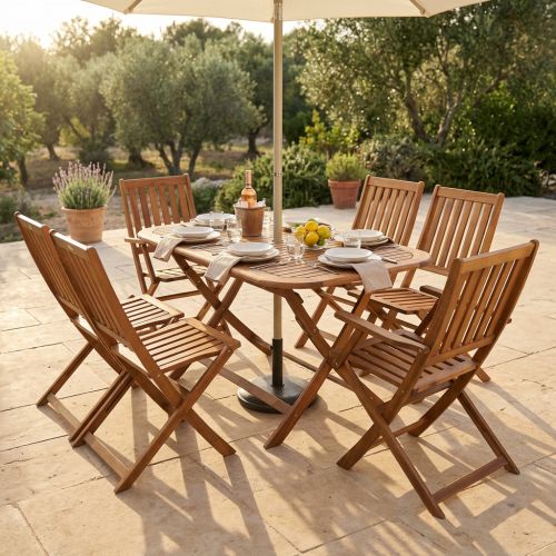 SOLEA - set tavolo in alluminio e teak cm 150 x 80 x 74 h con 4 sedie e 2 poltrone Dresda