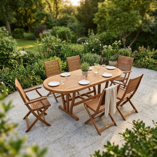 TURRIS - set tavolo in legno massiccio di acacia cm 180/240 x 100 x 74 h con 4 sedie e 2 poltrone Mulier