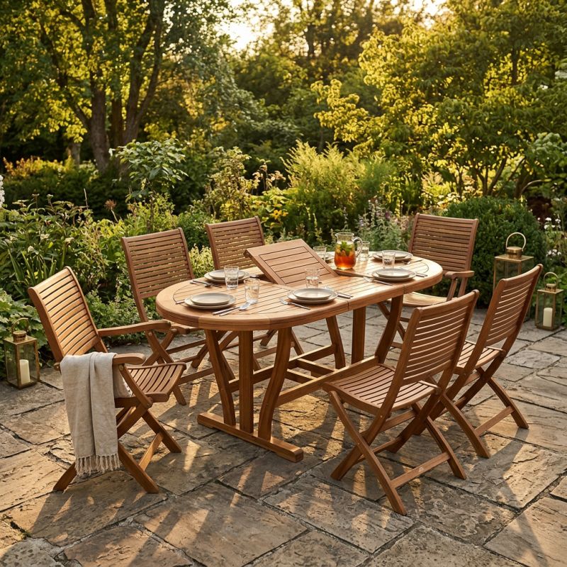 TURRIS - set tavolo in legno massiccio di acacia cm 180/240 x 100 x 74 h con 4 sedie e 2 poltrone Mulier