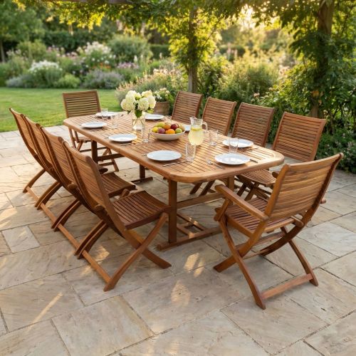 TURRIS - set tavolo in legno massiccio di acacia cm 180/240 x 100 x 74 h con 8 sedie e 2 poltrone Mulier