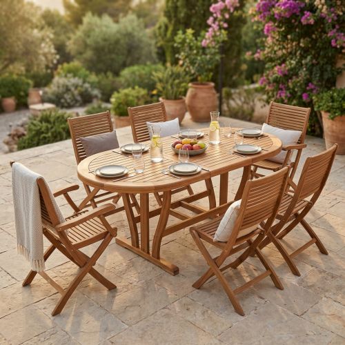 TURRIS - set tavolo in legno massiccio di acacia cm 120/160 x 70 x 74 h con 4 sedie e 2 poltrone Mulier