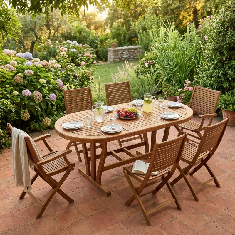 TURRIS - set tavolo in legno massiccio di acacia cm 180/240 x 100 x 74 h con 4 sedie e 2 poltrone Mulier