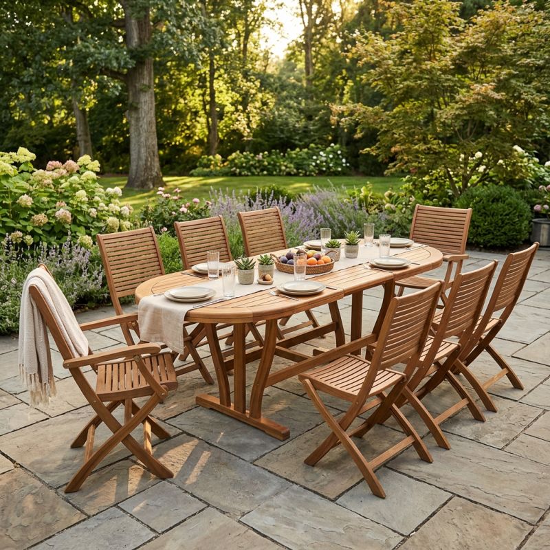 TURRIS - set tavolo in legno massiccio di acacia cm 180/240 x 100 x 74 h con 6 sedie e 2 poltrone Mulier