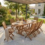 TURRIS - set tavolo in legno massiccio di acacia cm 180/240 x 100 x 74 h con 6 sedie e 2 poltrone Mulier