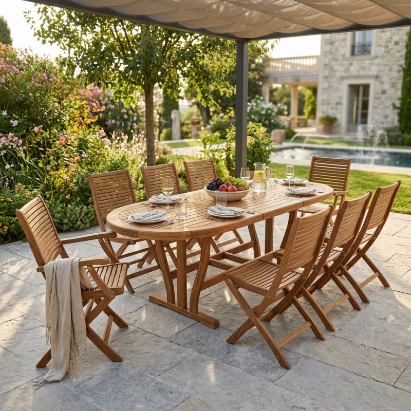 TURRIS - set tavolo in legno massiccio di acacia cm 180/240 x 100 x 74 h con 6 sedie e 2 poltrone Mulier