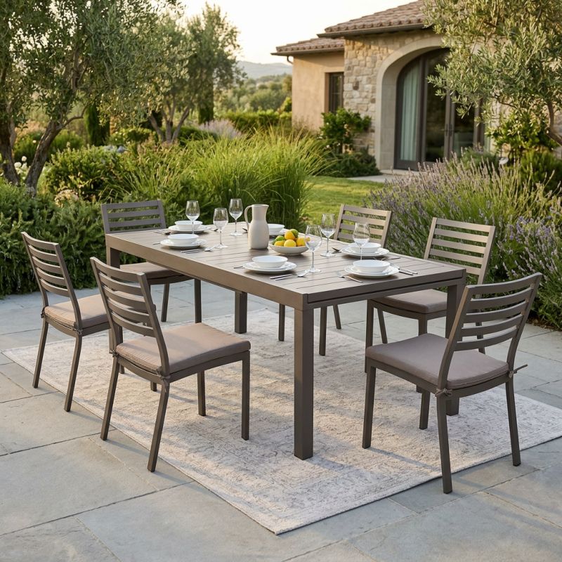 DEXTER - set tavolo in alluminio cm 200/300 x 100 x 74 h con 6 sedie Dexter