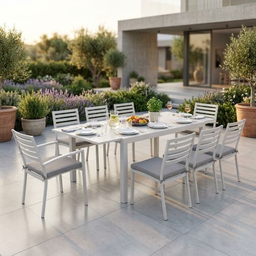 DEXTER - set tavolo in alluminio cm 160/240 x 90 x 75 h con 6 sedie e 2 poltrone Dexter