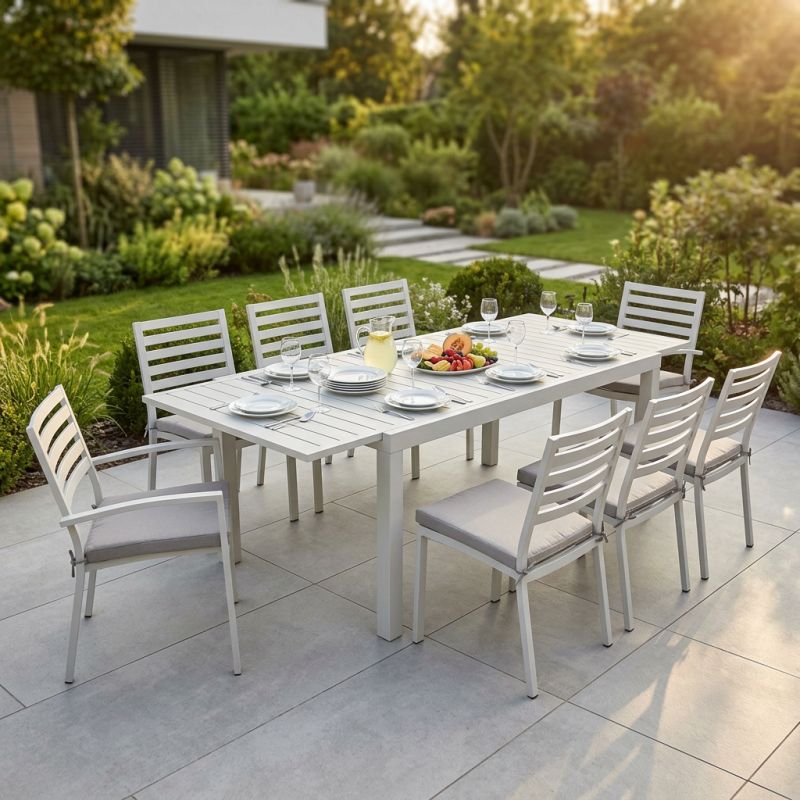 DEXTER - set tavolo in alluminio cm 160/240 x 90 x 75 h con 6 sedie e 2 poltrone Dexter