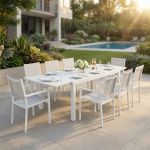 DEXTER - set tavolo in alluminio cm 200/300 x 100 x 74 h con 8 poltrone Venus