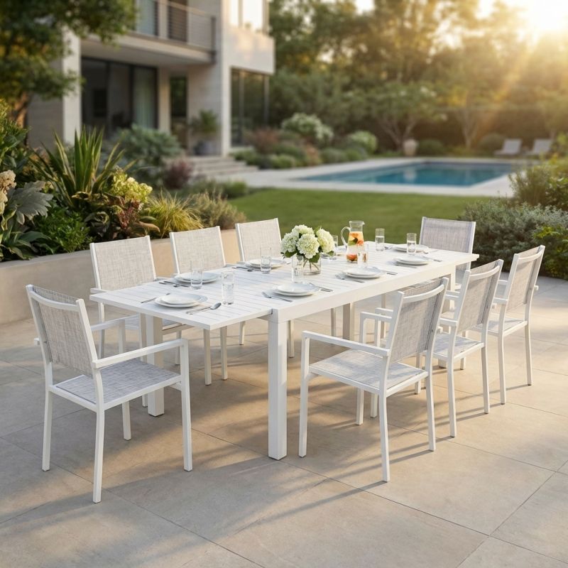 DEXTER - set tavolo in alluminio cm 200/300 x 100 x 74 h con 8 poltrone Venus