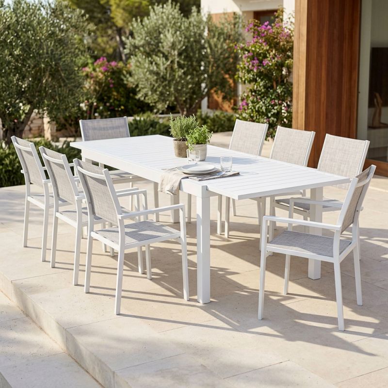 DEXTER - set tavolo in alluminio cm 200/300 x 100 x 74 h con 8 poltrone Venus