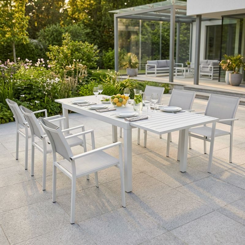 DEXTER - set tavolo in alluminio cm 160/240 x 90 x 75 h con 6 poltrone Venus