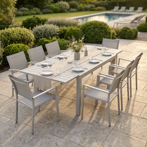 DEXTER - set tavolo in alluminio cm 160/240 x 90 x 75 h con 8 poltrone Venus