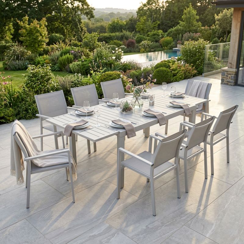 DEXTER - set tavolo in alluminio cm 160/240 x 90 x 75 h con 8 poltrone Venus