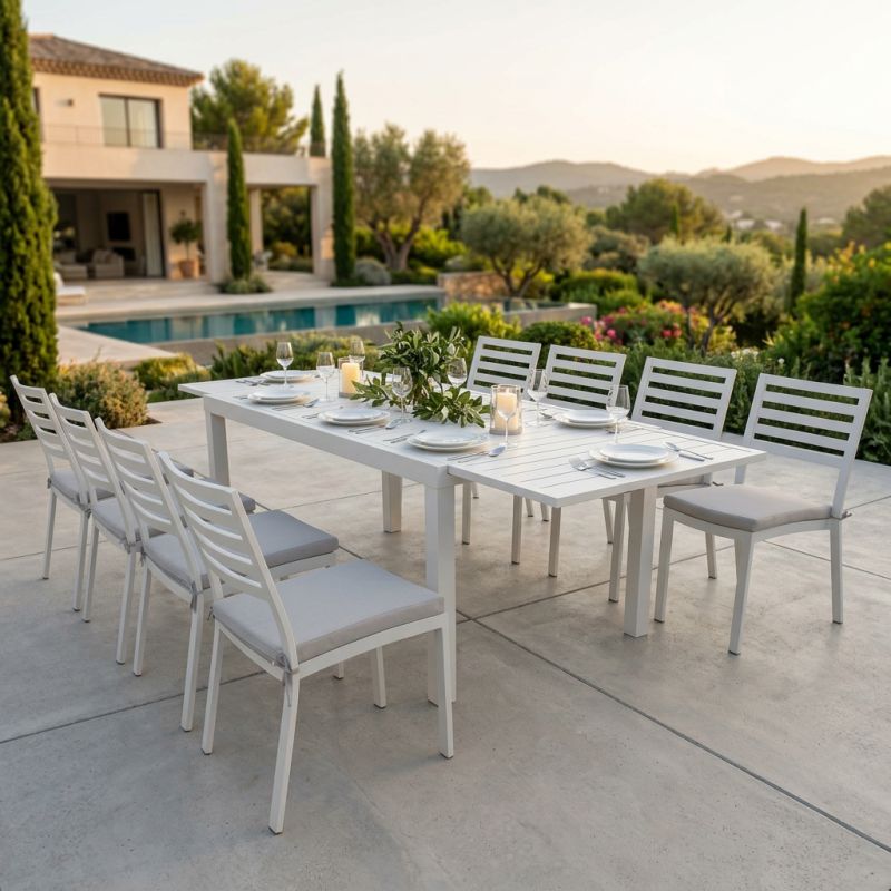 DEXTER - set tavolo in alluminio cm 160/240 x 90 x 75 h con 8 sedie Dexter
