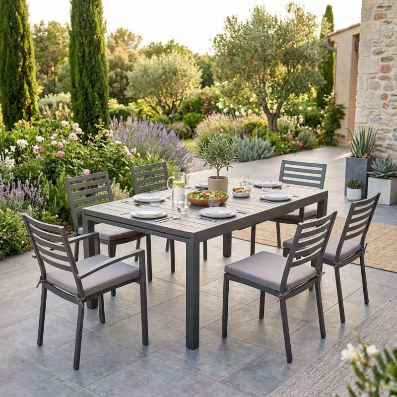 DEXTER - set tavolo in alluminio cm 200/300 x 100 x 74 h con 4 sedie e 2 poltrone Dexter