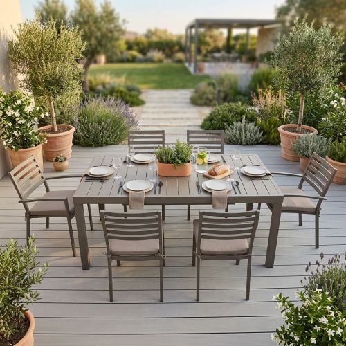 DEXTER - set tavolo in alluminio cm 200/300 x 100 x 74 h con 4 sedie e 2 poltrone Dexter