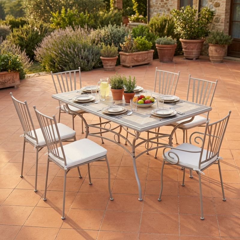 VENTUS - set tavolo in ferro cm 160 x 90 x 74 h con 4 sedie e 2 poltrone Ventus