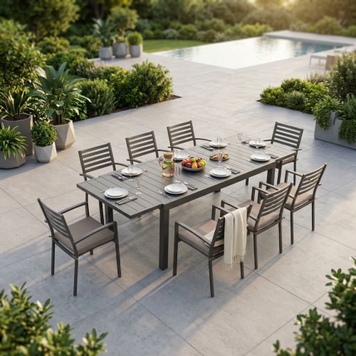 DEXTER - set tavolo in alluminio cm 160/240 x 90 x 75 h con 8 poltrone Dexter