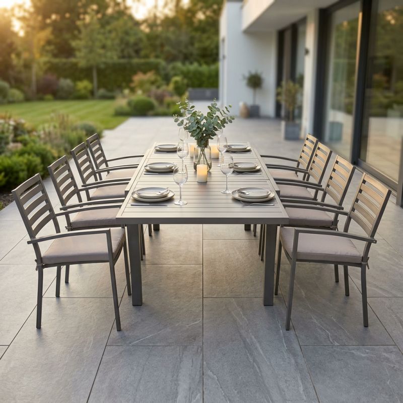 DEXTER - set tavolo in alluminio cm 160/240 x 90 x 75 h con 8 poltrone Dexter