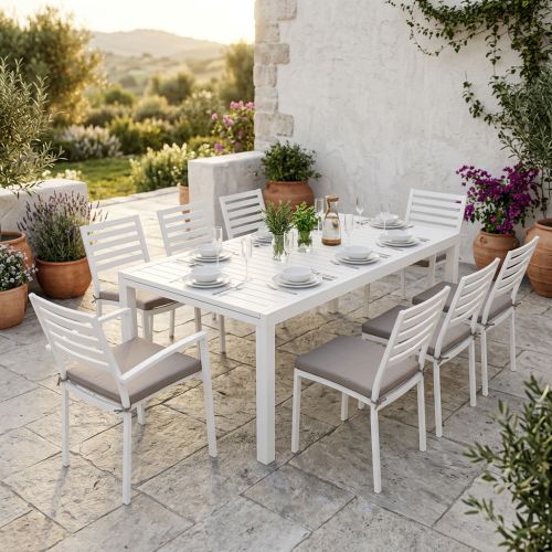 DEXTER - set tavolo in alluminio cm 200/300 x 100 x 74 h con 6 sedie e 2 poltrone Dexter