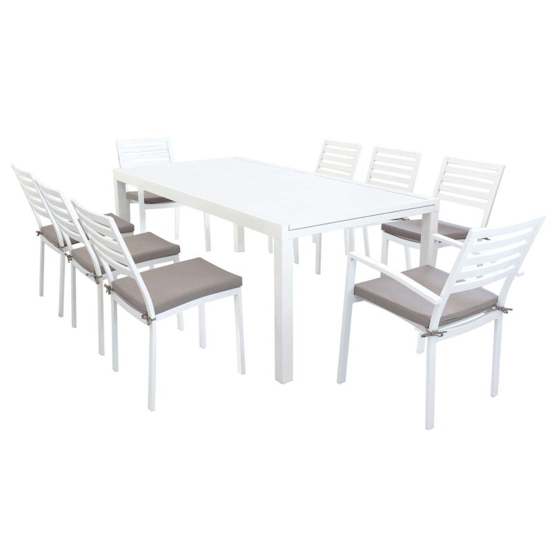 DEXTER - set tavolo in alluminio cm 200/300 x 100 x 74 h con 6 sedie e 2 poltrone Dexter