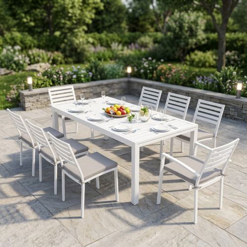 DEXTER - set tavolo in alluminio cm 200/300 x 100 x 74 h con 6 sedie e 2 poltrone Dexter