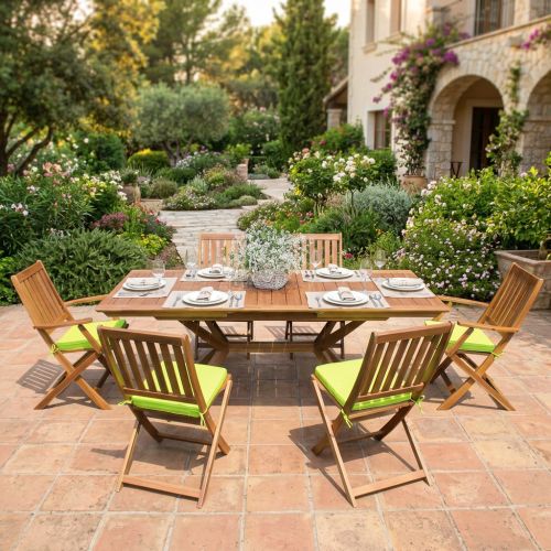 CAESAR - set tavolo in legno massiccio di acacia cm 150/200 x 90 x 78 h con 4 sedie e 2 poltrone Dresda