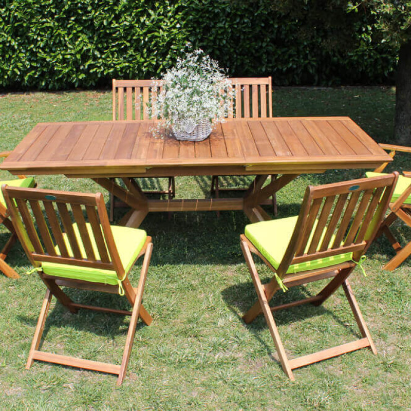 CAESAR - set tavolo in alluminio e teak cm 150/200 x 90 x 78 h con 4 sedie e 2 poltrone Dresda