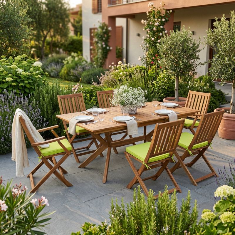 CAESAR - set tavolo in legno massiccio di acacia cm 150/200 x 90 x 78 h con 4 sedie e 2 poltrone Dresda