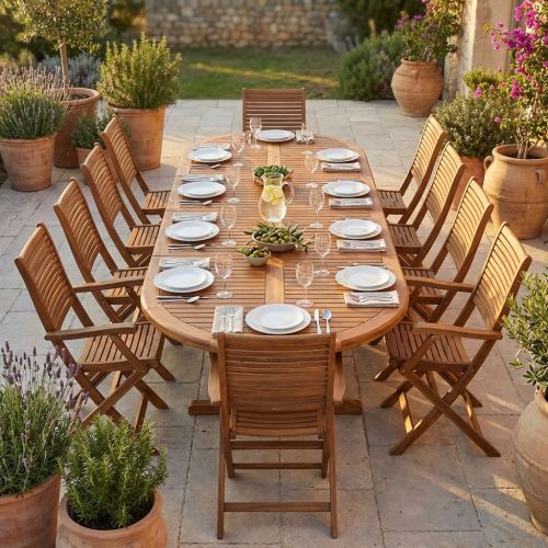 GENIUS - set tavolo in acacia massiccio cm 200/250/300 x 110 x 74 h con 8 sedie e 2 poltrone Mulier