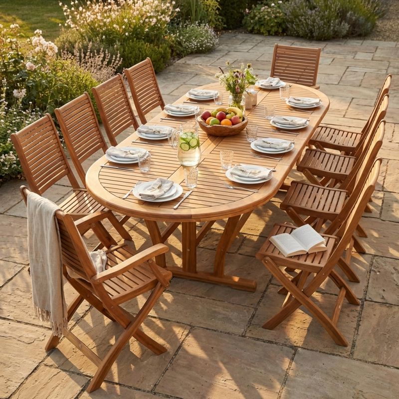 GENIUS - set tavolo in acacia massiccio cm 200/250/300 x 110 x 74 h con 8 sedie e 2 poltrone Mulier