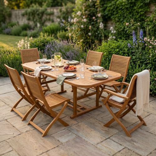 TURRIS - set tavolo in legno massiccio di acacia cm 150/200 x 90 x 74 h con 4 sedie e 2 poltrone Mulier