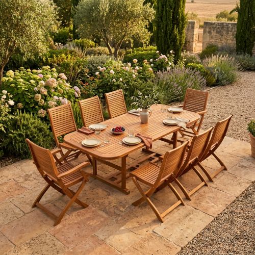 TURRIS - set tavolo in legno massiccio di acacia cm 150/200 x 90 x 74 h con 6 sedie e 2 poltrone Mulier