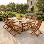 TURRIS - set tavolo in legno massiccio di acacia cm 150/200 x 90 x 74 h con 6 sedie e 2 poltrone Mulier