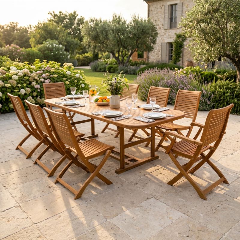 TURRIS - set tavolo in legno massiccio di acacia cm 150/200 x 90 x 74 h con 6 sedie e 2 poltrone Mulier