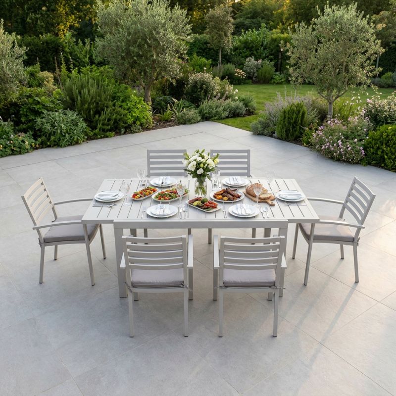 DEXTER - set tavolo in alluminio cm 160/240 x 90 x 75 h con 4 sedie e 2 poltrone Dexter