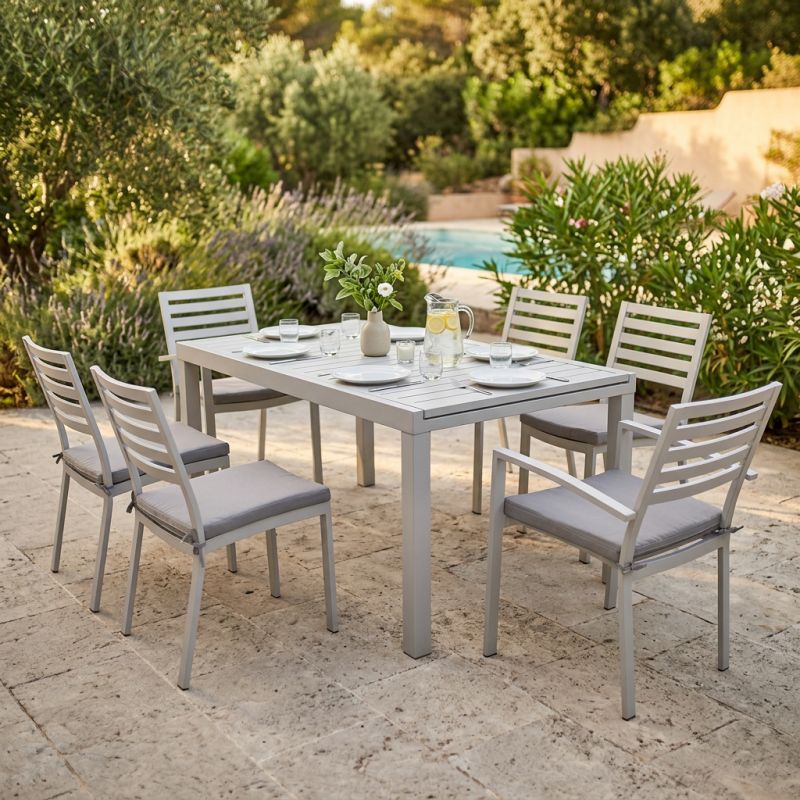 DEXTER - set tavolo in alluminio cm 160/240 x 90 x 75 h con 4 sedie e 2 poltrone Dexter