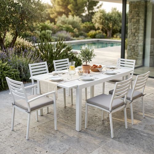 DEXTER - set tavolo in alluminio cm 160/240 x 90 x 75 h con 4 sedie e 2 poltrone Dexter