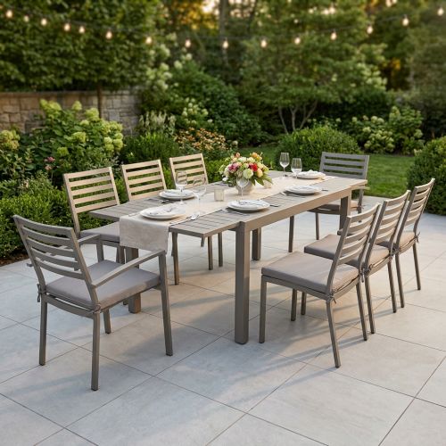 DEXTER - set tavolo in alluminio cm 160/240 x 90 x 75 h con 6 sedie e 2 poltrone Dexter