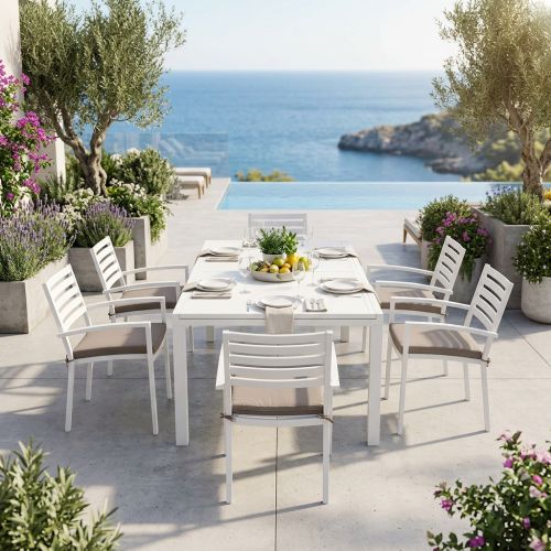 DEXTER - set tavolo in alluminio cm 200/300 x 100 x 74 h con 4 sedie e 2 poltrone Dexter