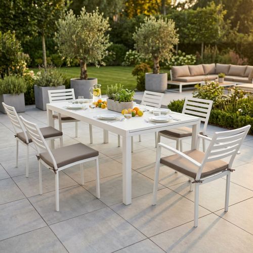 DEXTER - set tavolo in alluminio cm 200/300 x 100 x 74 h con 4 sedie e 2 poltrone Dexter